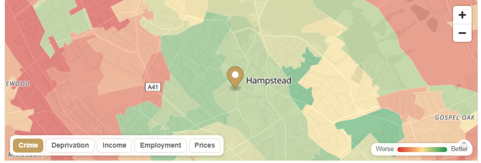 Area heat map: crime, deprivation, income, employment and prices shaded across the surrounding area, with layer toggles.
